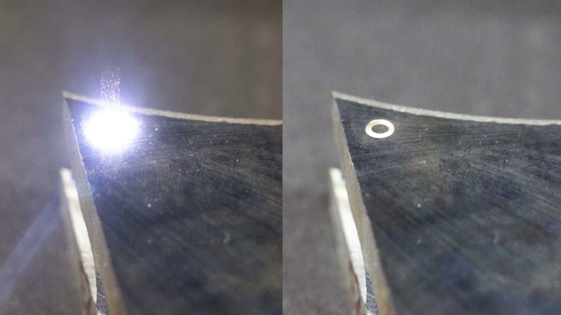 Dettaglio del processo di incisione laser su acciaio con asportazione controllata del materiale e risultato finale ottenuto