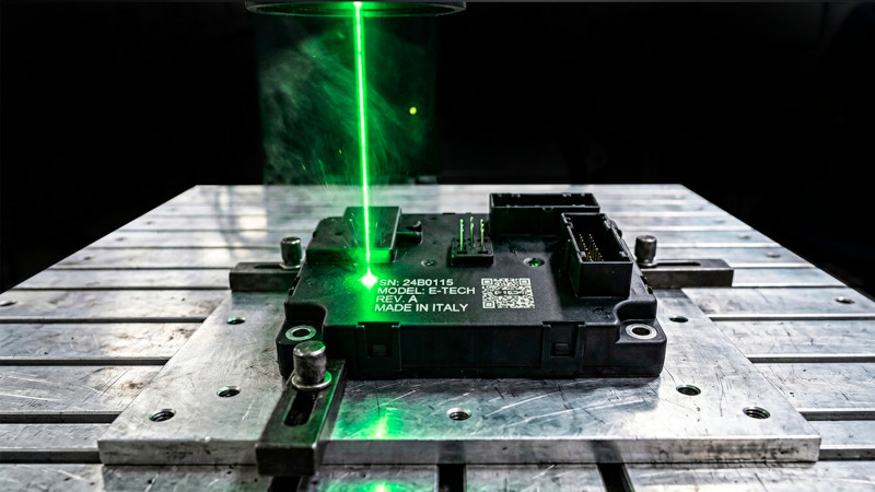 Green laser marking 532 nm on black electronic component with high-definition code and QR and low thermal impact