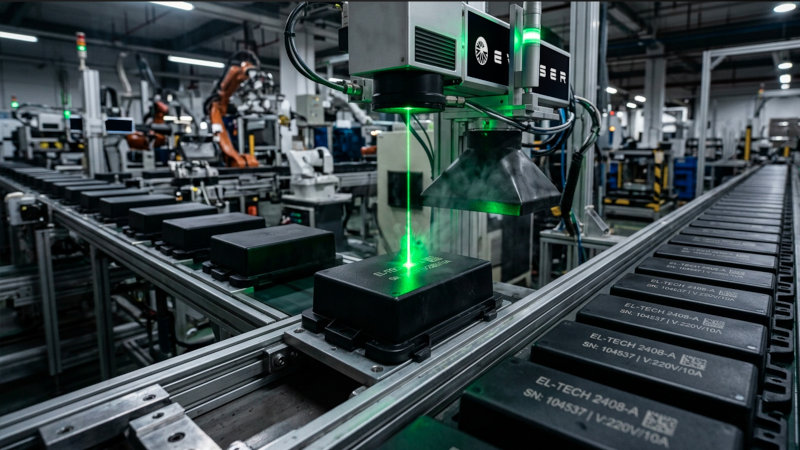 Sistema di marcatura laser verde 532 nm su linea di produzione automatizzata per componenti industriali ad alta precisione