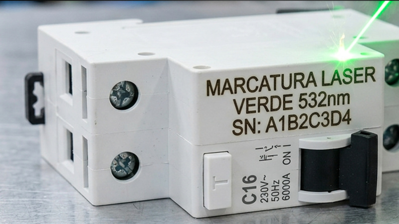 Dettaglio marcatura laser verde 532 nm su componente elettrico in plastica bianca con alto contrasto e precisione