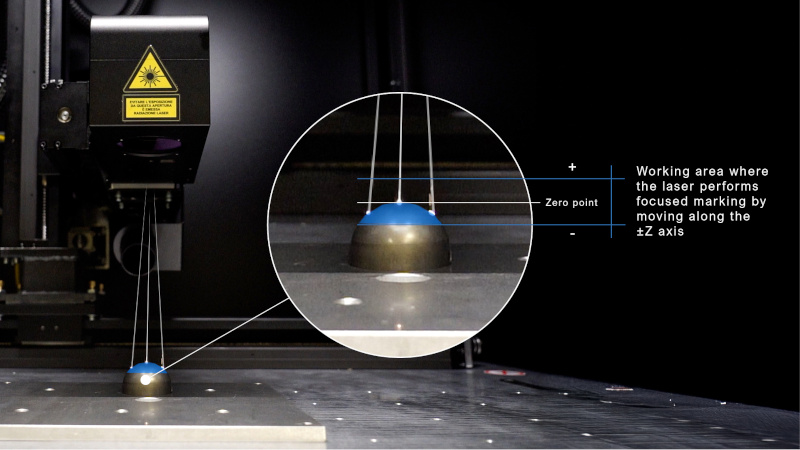 3D laser marking with dynamic Z-axis focus adjustment to maintain proper focus on curved and stepped surfaces. 3D laser marking with dynamic Z-axis focus adjustment to maintain proper focus on curved and stepped surfaces.