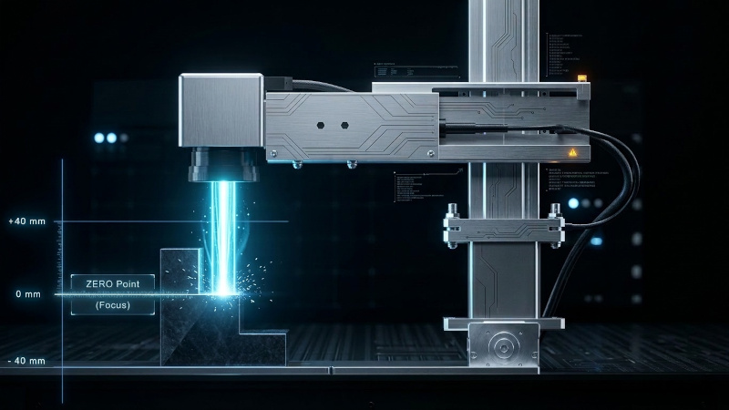 Focal point travel of a 3D galvanometer scanning head with dynamic Z-axis adjustment up to ±40 mm from the focal plane. Focal point travel of a 3D galvanometer scanning head with dynamic Z-axis adjustment up to ±40 mm from the focal plane.