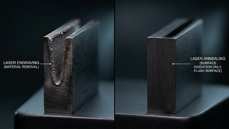 Comparison between laser engraving with material removal and laser annealing without altering the metal surface.