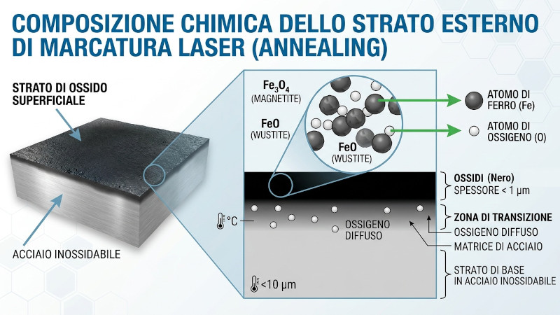 Schema della composizione dello strato di ossido generato dalla marcatura laser annealing su acciaio inossidabile.