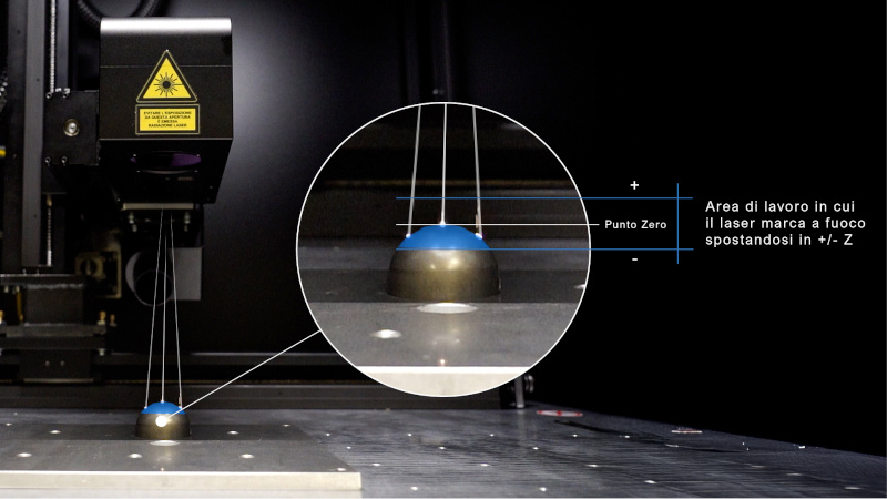 Marcatura laser 3D con regolazione dinamica del fuoco sull'asse Z per mantenere la messa a fuoco su superfici curve e a quote variabili. Marcatura laser 3D con regolazione dinamica del fuoco sull'asse Z per mantenere la messa a fuoco su superfici curve e a quote variabili.