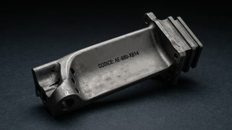 Marcatura laser annealing di un codice identificativo su componente aerospaziale metallico per la tracciabilità industriale.