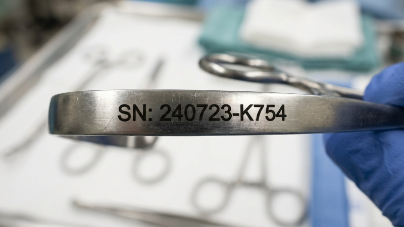 Marcatura laser annealing di un codice seriale su strumento chirurgico in acciaio inox per la tracciabilità dei dispositivi medici.