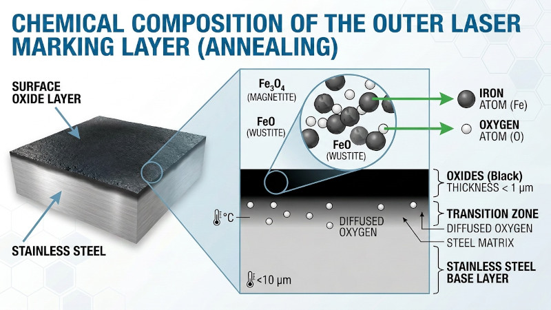 Diagram showing the composition of the oxide layer generated by laser annealing on stainless steel.