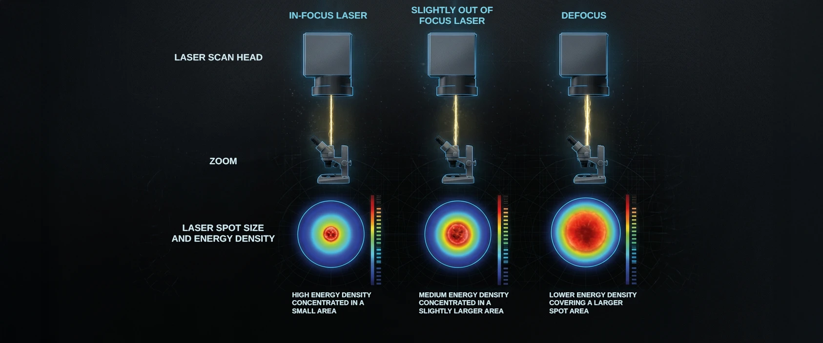 Comparison of an In-Focus Laser, Slight Defocus and Defocus with Variations in Spot Size and Energy Density