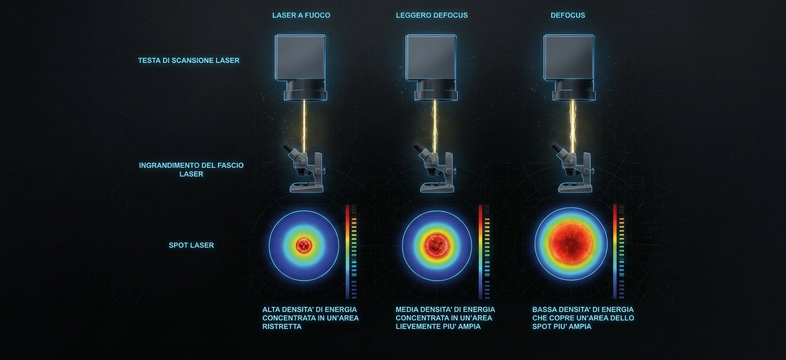 Confronto tra laser a fuoco, leggero defocus e defocus con variazione dello spot e della densità di energia